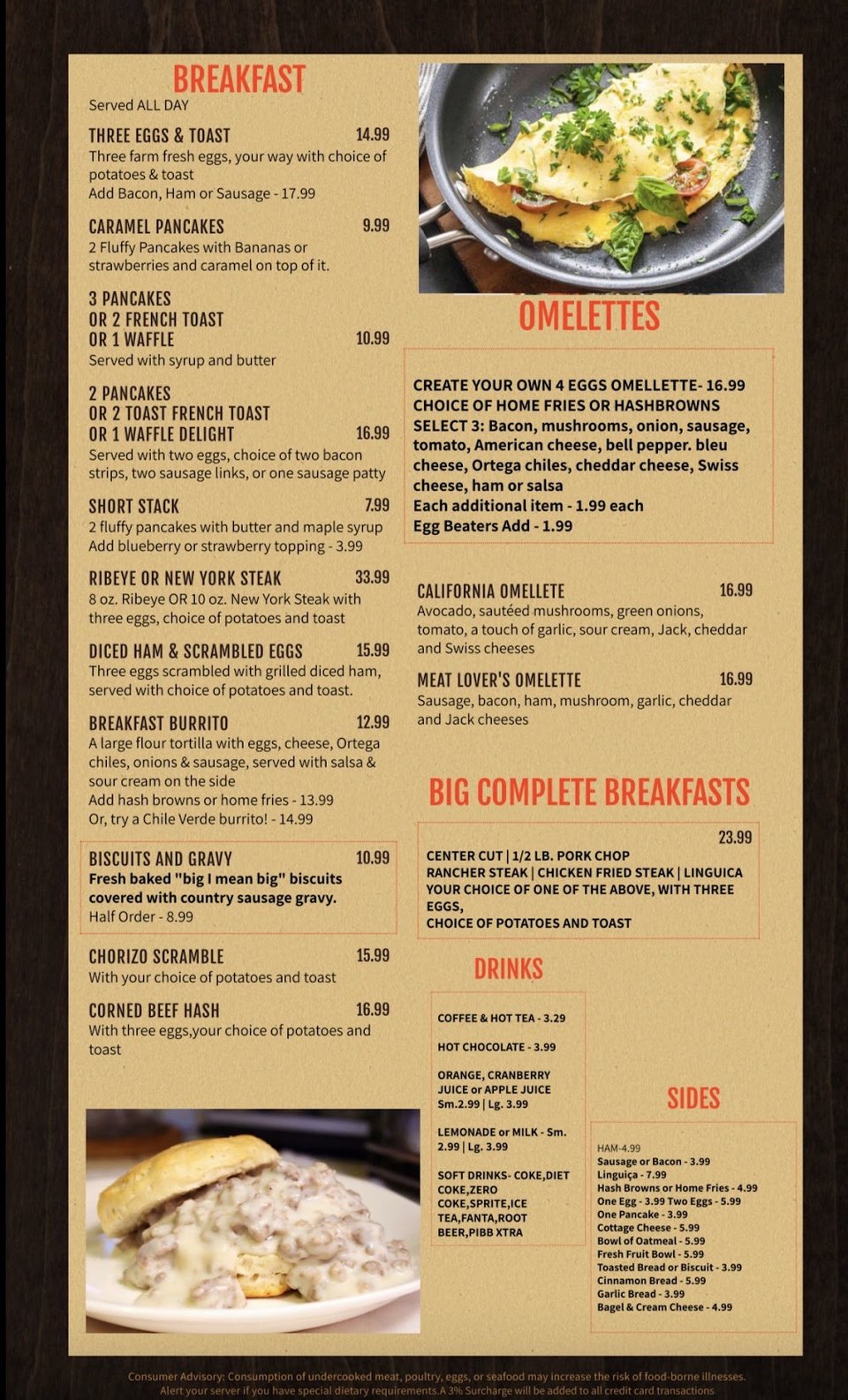 Printed menu with steakhouse sections.